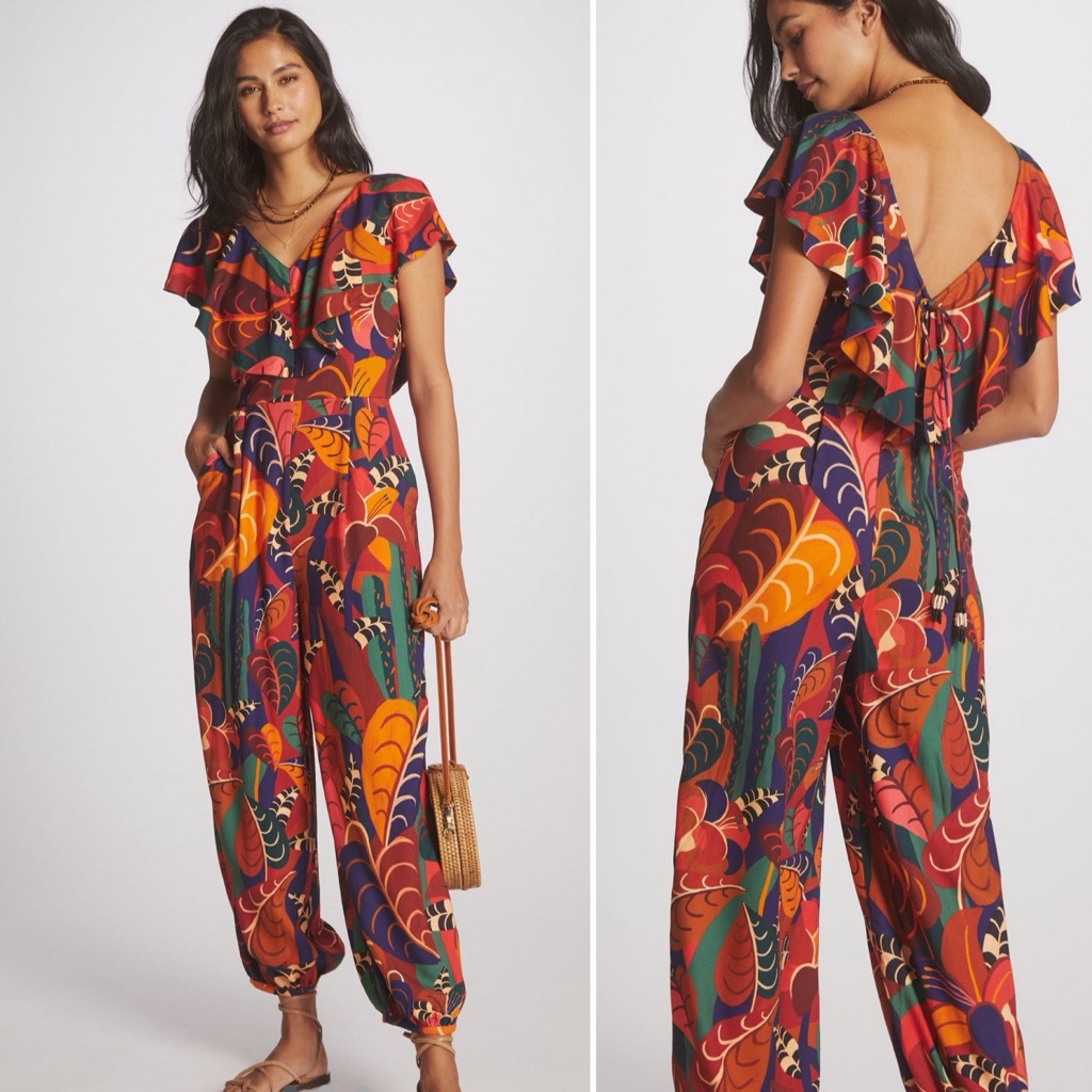 Farm Rio X Anthropologie Ruffled Jumpsuit In Maroon, Size S